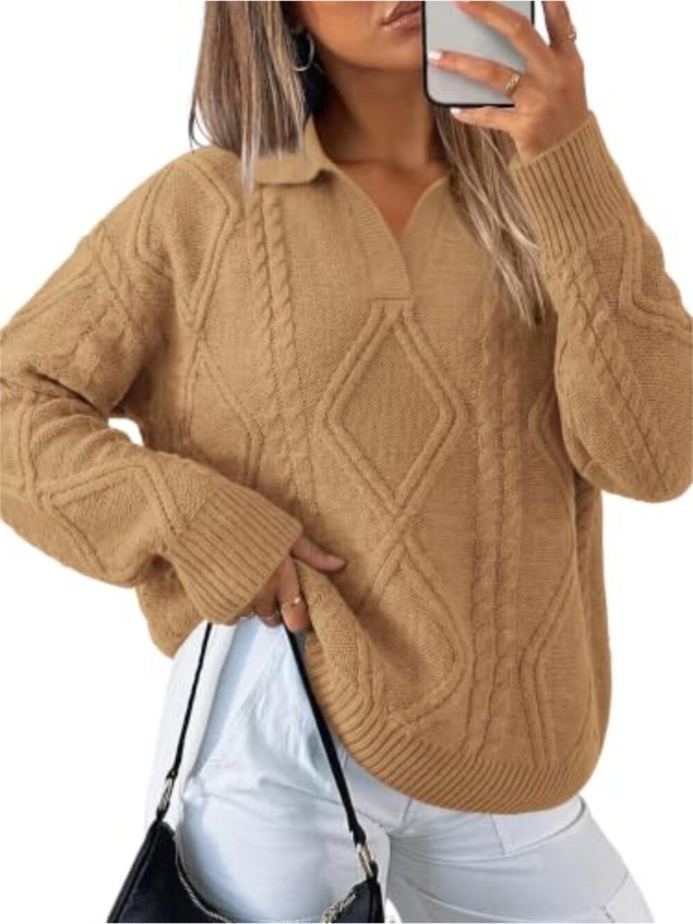 Cable Knit Lapel Collar Oversized Fall Pullover Sweater